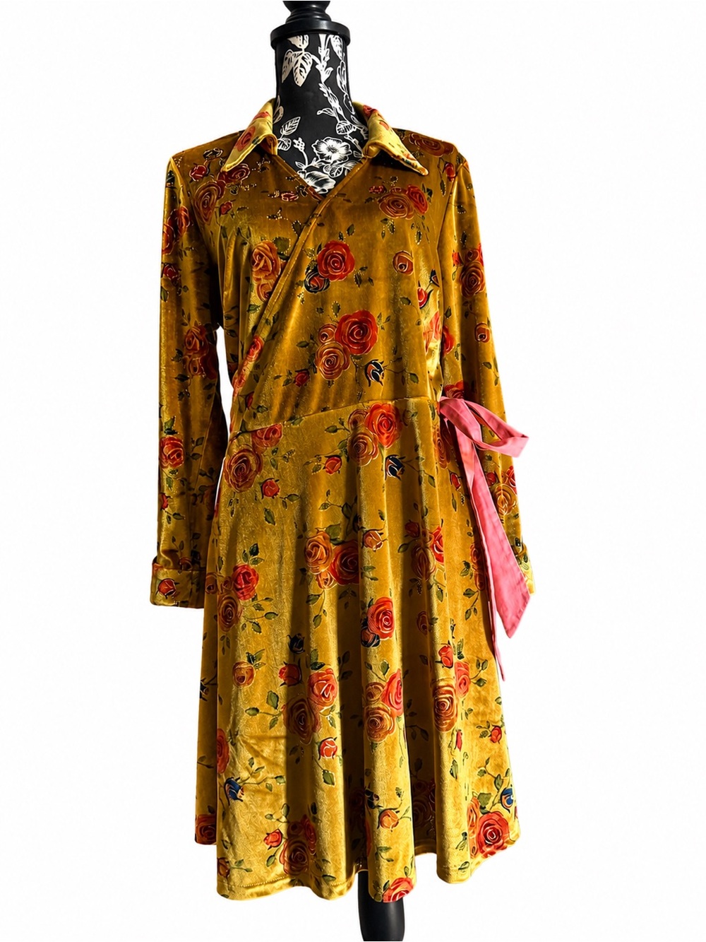 Unique Vintage Mustard Yellow Floral Velvet Wrap Dress with Pink Tie